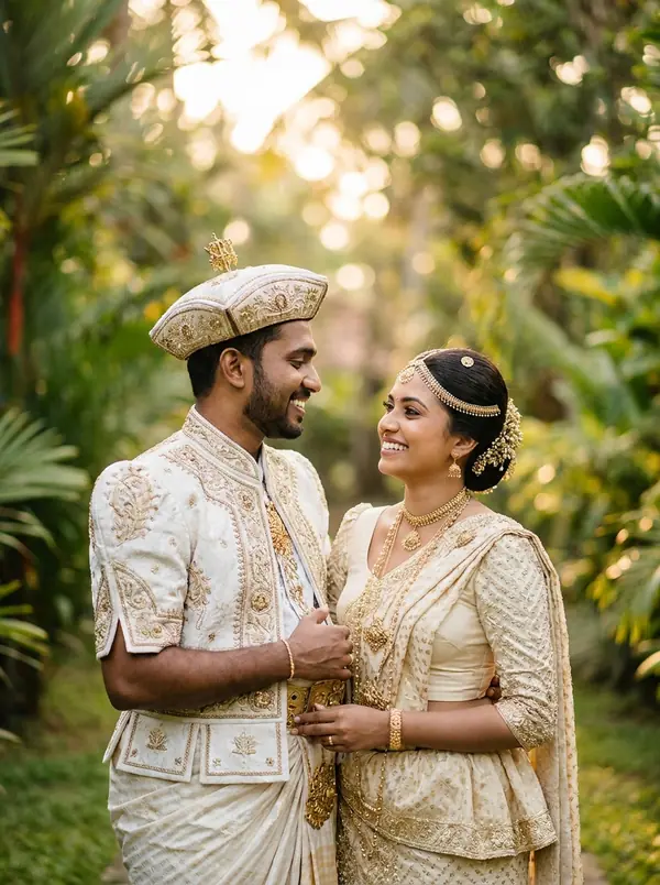 Sample photo: a bride and groom in Kandyan wedding dress