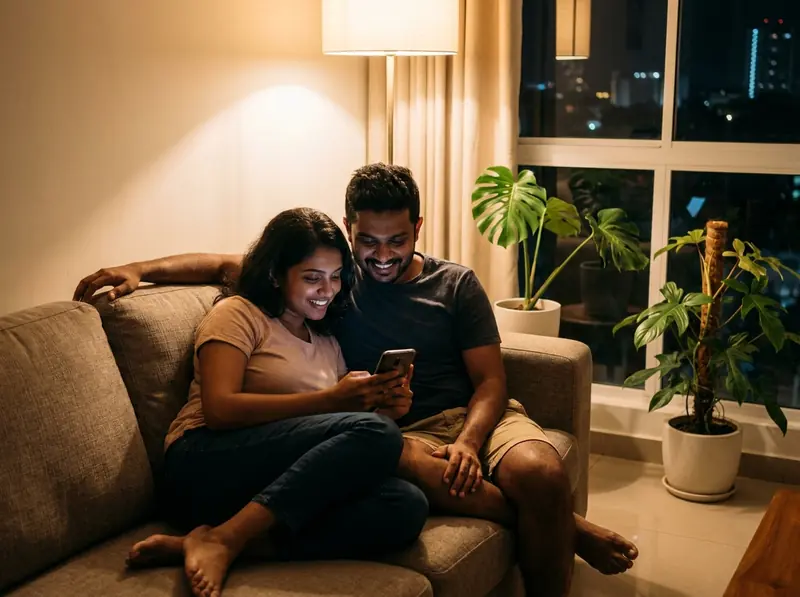 A couple on a sofa planning their invitation on a phone