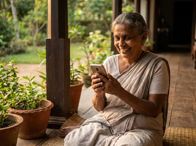 A grandmother smiling at her invitation on her phone